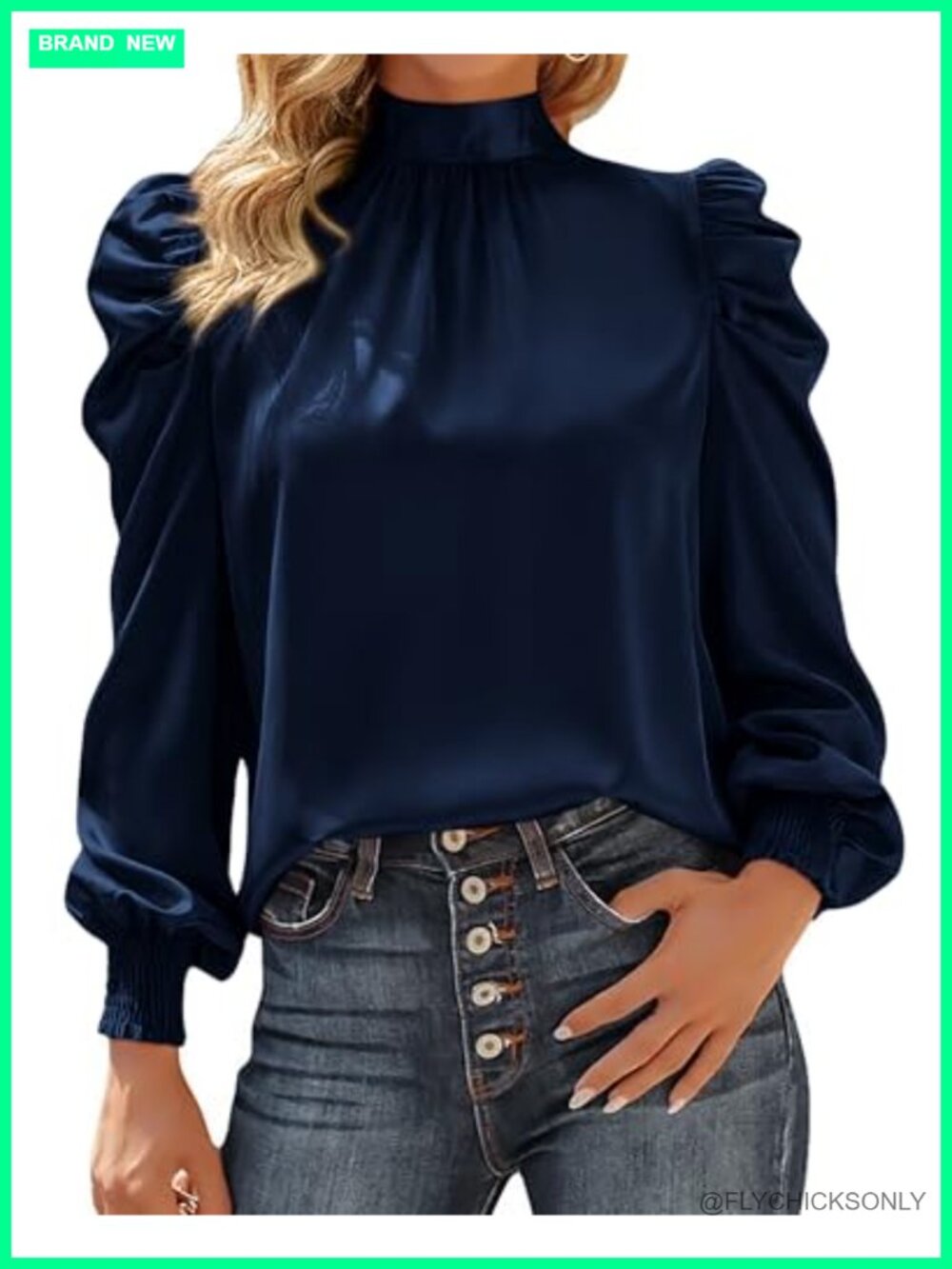 Satin Blouse High Neck Puff Sleeve Button Keyhole Back